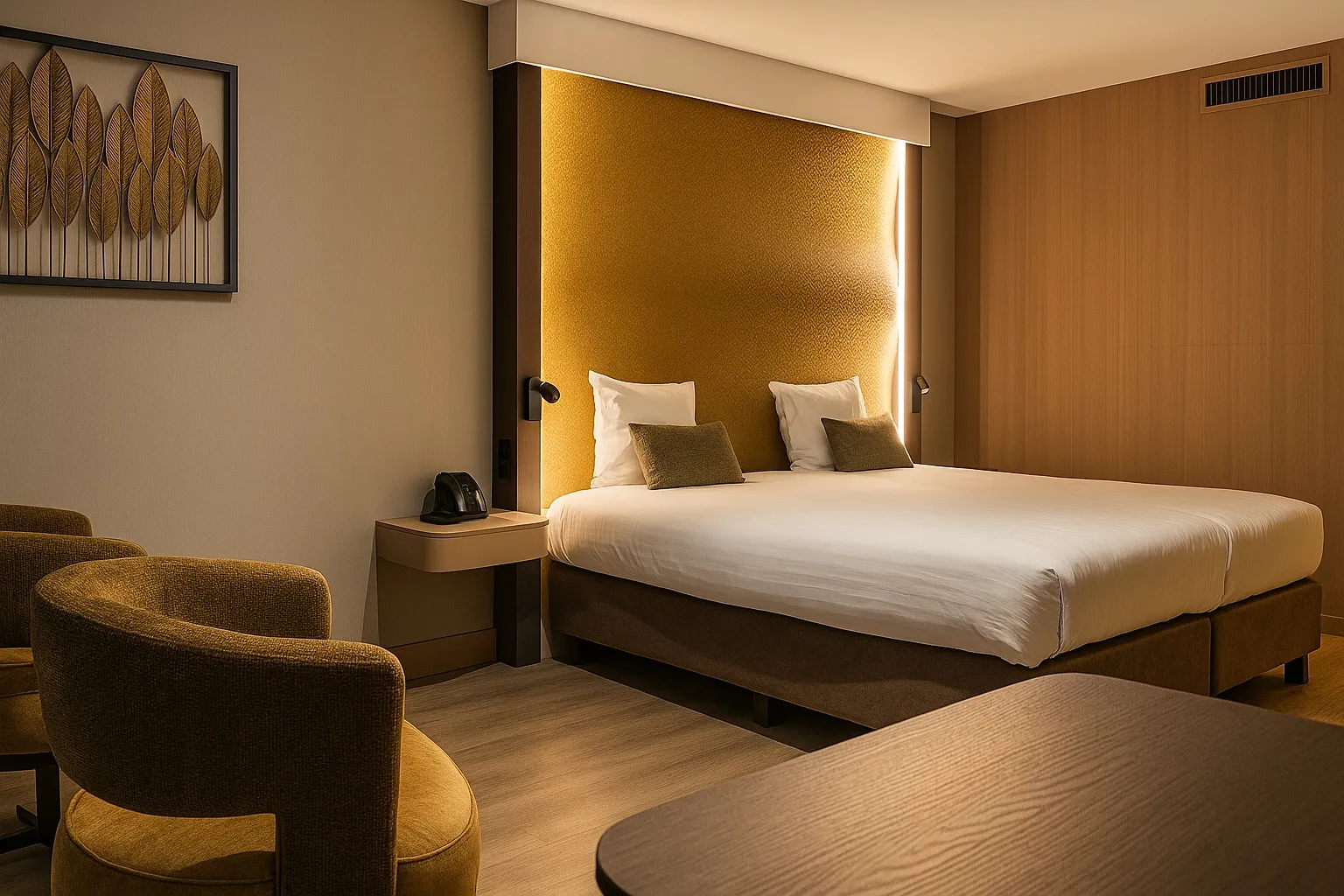 Hotel kamer interieur, bedwand, wandbekleding, buro.